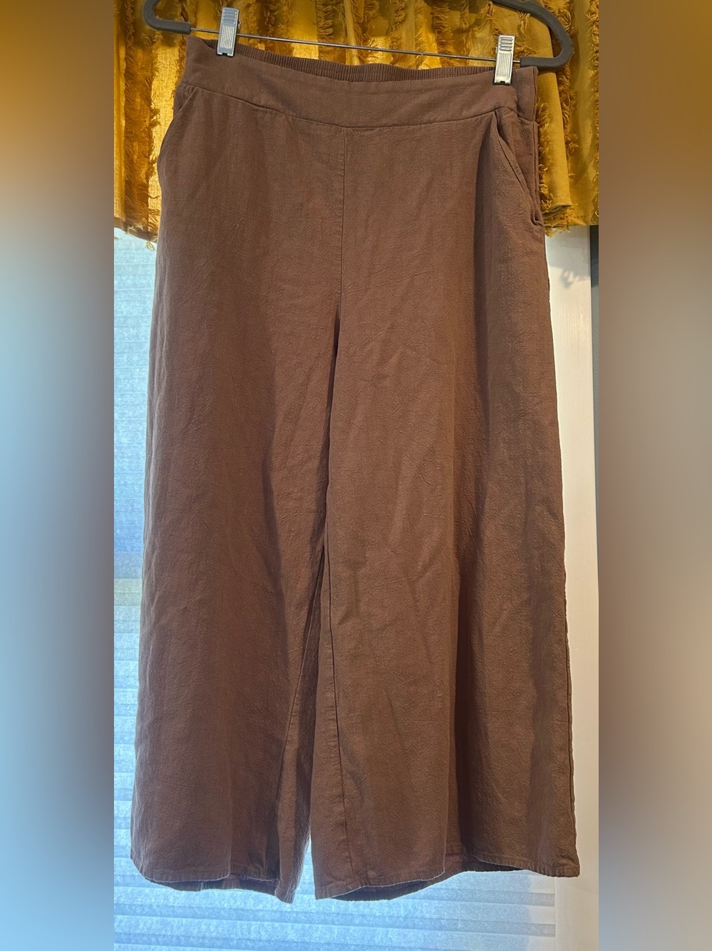 Linen Blend Wide Leg Pants | Brown Pull On High Waist | L | Boho Beach